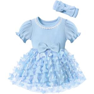 Qaoerde Baby Girl Dress Puff Sleeve Tutu Dress Butterfly Tulle Dress Flower Girl Birthday Party Princess Dresses (Blue)