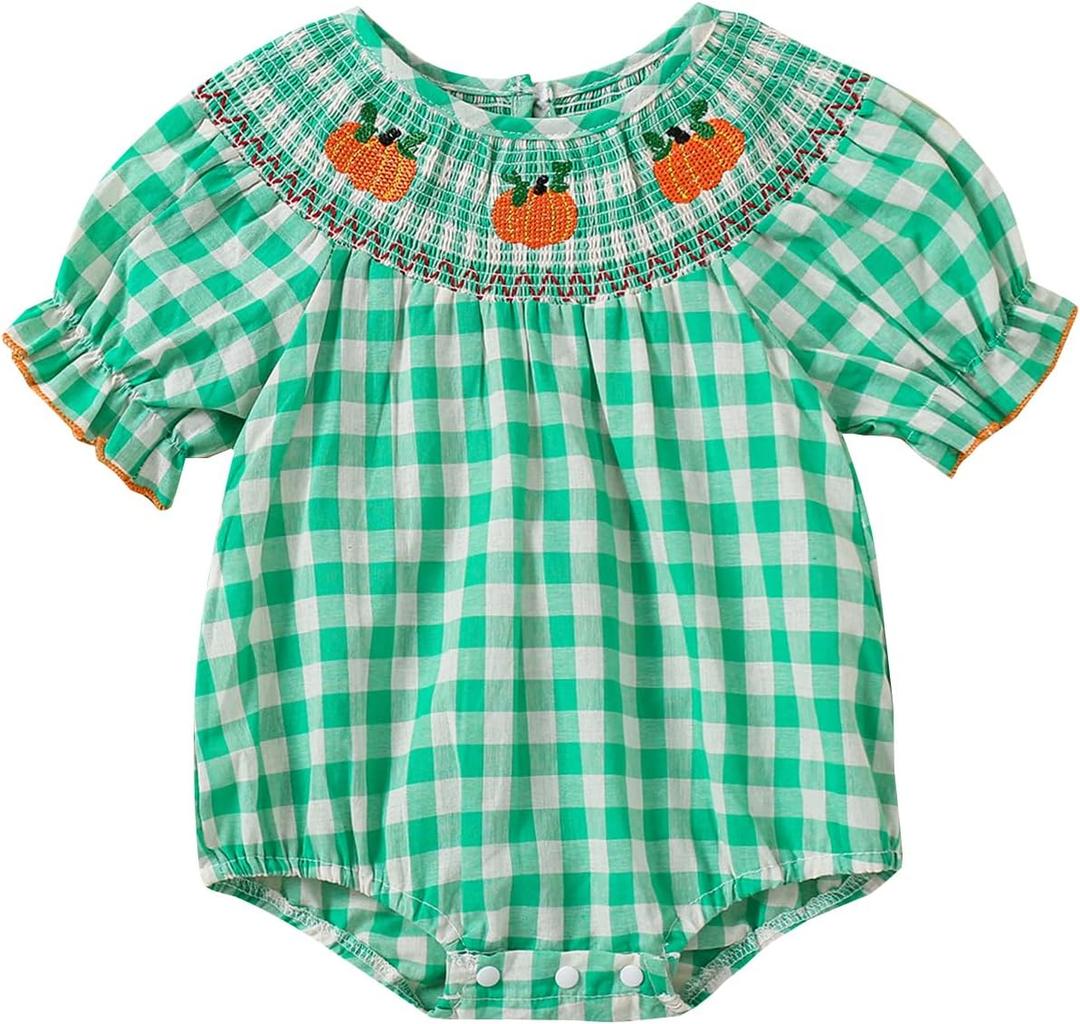 2 x Ayalinggo Halloween Baby Girl Outfits Newborn Pumpkin Plaid Short Sleeve Smocked Bubble Romper Cute Infant Christmas Clothes (Blue)