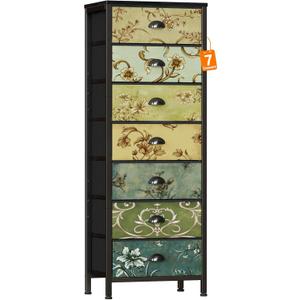 Furnulem Tall Dresser for Bedroom with 7 Fabric Drawers, Vintage Dressers & Chest of Drawers, Vertical Storage Tower Organizer Unit Retro Bedside Furniture in Closet,Living Room,Nusery,Dorm,Entryway, 15.8"D x 43.3"W x 11.4"H