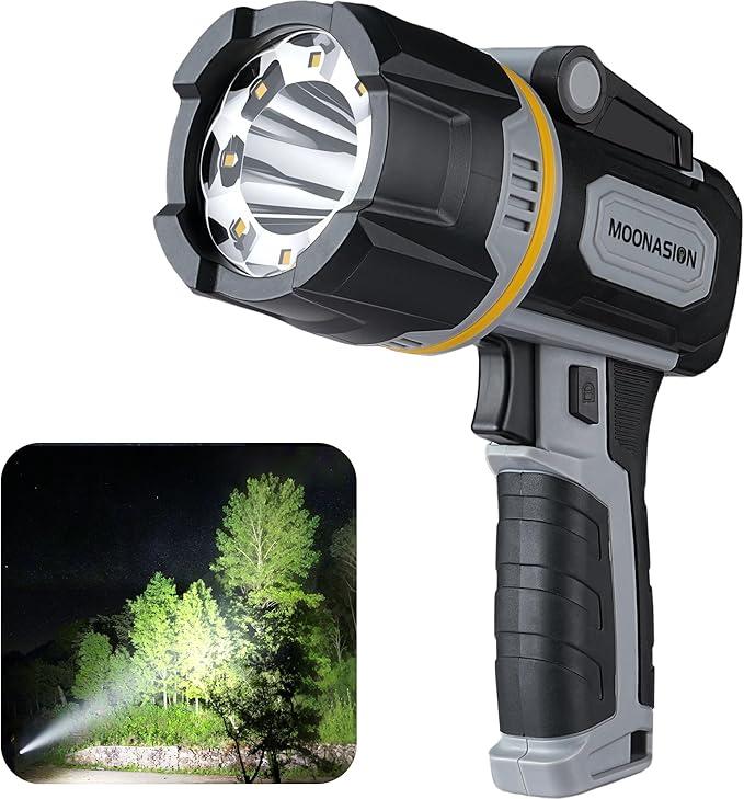 MOONASION Rechargeable Spotlight 100000 Lumen, Super Bright LED Spotlight Flashlight with COB Light & Foldable Stand, Long Lasting Large Handheld Spot Light for Boating Camping Boat Marine