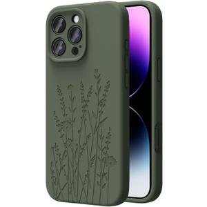 Magnetic Engraved Case Compatible with iPhone 16 Pro Case, Compatible with Magsafe, Camera All-Round Protection, Slim Liquid Silicone Phone Case for Women Girls, Calke Green Flower