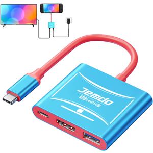 JEMDO Switch 2 HDMI Adapter Dock Station(3 Ports),4K@144Hz HDMI 2.1&48 Gbps,PD 100W & USB 3.2,Portable USB C to HDMI Travel Dock for TV Compatible with Nintendo Switch 2(Only Below V21.0.0)/OLED/2017 (Blue)
