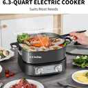 6-Quart Electric Skillet, Hot Pot | Non-Stick PFOA-Free Ceramic-Coated Pot, 1600W, Timer & 3 Power Settings for Steak, Egg, Ramen, Nonstick Pot