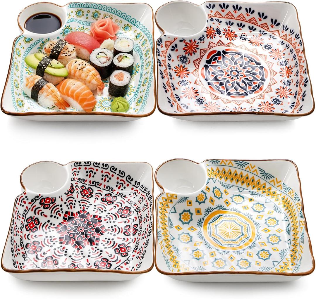 Pumtus 4 Pack Ceramic Dumpling Plates with Dipping Saucer, 7.3'' Individual Chip and Dip Serving Platter, Square Japanese Sushi Dish Tray, Colorful Serving Bowl for Appetizer Snack Fries Gyoza Taco