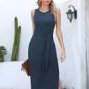 Missufe Women's Round Neck Sleeveless Tie Waist Knit Side Slit Slim Tank Midi Dress (Blue)
