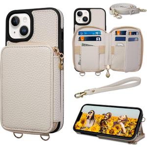 Keallce Case for iPhone 14 6.1'' Case Wallet, Crossbody Zipper Purse with RFID Blocking Card Slots Kickstand, Detachable Lanyard & Handstrap Flip Folio Leather Phone Cover for iPhone 14, Beige