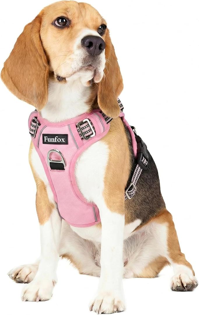 Funfox Dog Harness Medium No Pull, Adjustable 2 Clips Anti-Pull Vest with Practical Handle, Breathable Padded Pet Harness Designed for Small/Large Breeds, Reflective Training Walking Pink M