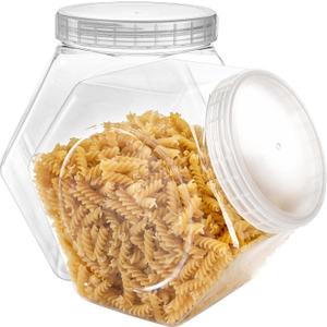 SOUJOY 2 Pack Plastic Candy Jar with Lid, 1 Gallon Cookie Containers for Kitchen Counter, Clear Hexagon Candy Display for Snacks, Dog Treats, Craft and Sewing Supplies, Coffee Pod, Laundry Pod