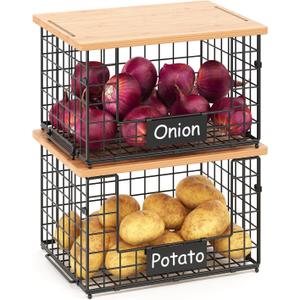 keomaisyto 2 Set XL Stackable Wire Baskets with Bamboo Top- Pantry Organizers and Storage, Kitchen Organization Counter Storage Bins for Potato/Onion/Fruit/Vegetable/Produce, Under Sink Organizing
