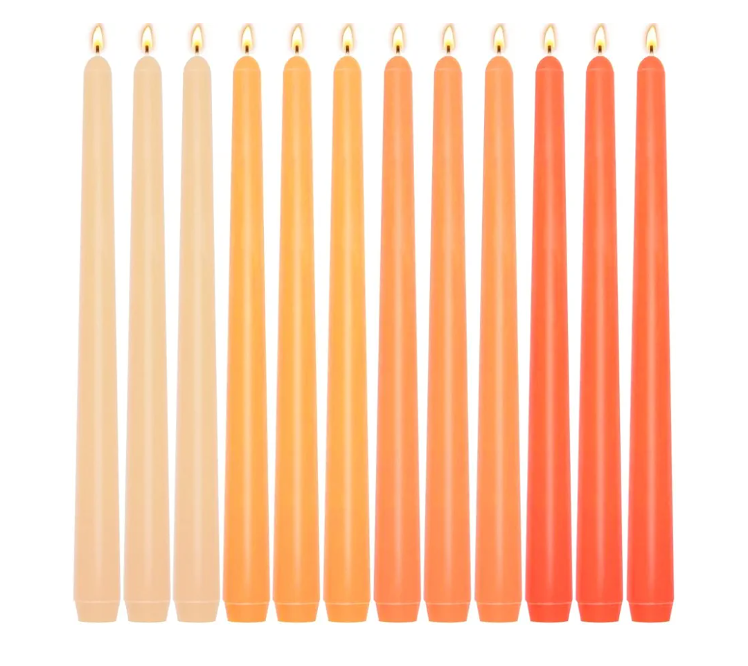12-Pack Gradient Orange Taper Candles, 10 Inch Unscented Dripless Candlesticks, Long-Lasting Burn Time of 7-8 Hours, Perfect for Fall Harvest Halloween Thanksgiving Dinners Parties and Home Décor