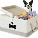 Dog Toy Basket with Double-Open Lid, Divided Dogs Basket for Toys, Collapsible Pet Toys Box, Dog Storage Organizer with 2 Divided Area, Puppy Toy Baskets with Rope Handles, Beige & Gray (Large)