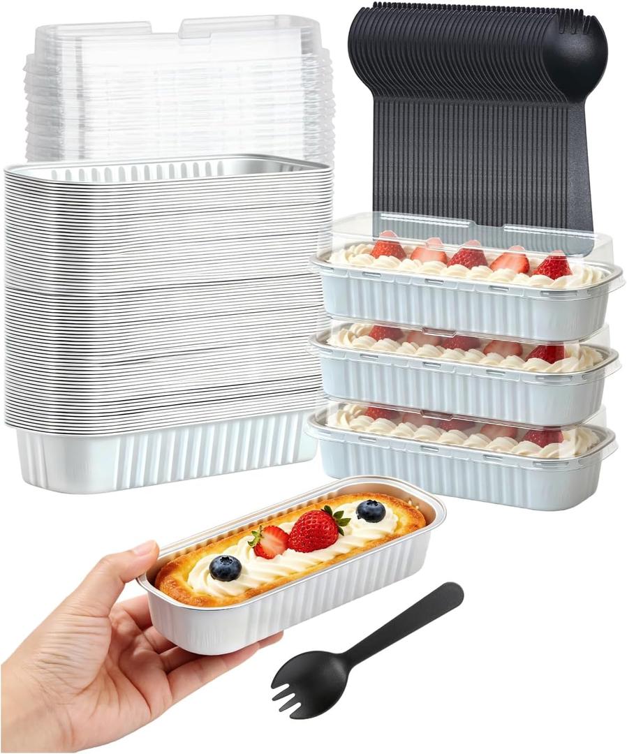 LNYZQUS Mini Cake Pans with Lids 100 Pack,Individual Foil Baking Tins,Disposable Mini Loaf Pans Small Cakes Tin Cupcake Containers for Bake Sale Wedding-White,6.8oz