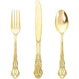Joyido 90 Pieces Gold Plastic Silverware - Heavy Duty Gold Disposable Utensils - Fancy Plastic Cutlery Set Includes 30 Forks, 30 Spoons, 30 Knives for Dinner Parties Weddings