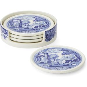 Spode Blue Italian Coasters for Drinks | Set of 4 | Ceramic Coasters and Holder | Tabletop Protection | Housewarming or Birthday Gift | Round (Blue/White)
