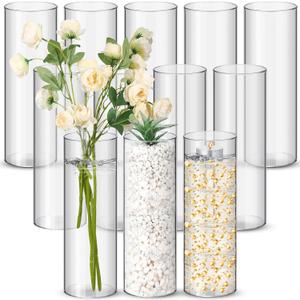 Nuogo 12 Pcs Plastic Clear Cylinder Vase for Home 10 Inch Acrylic Flower Clear Vase Centerpiece for Centerpieces Wedding Party Decorations