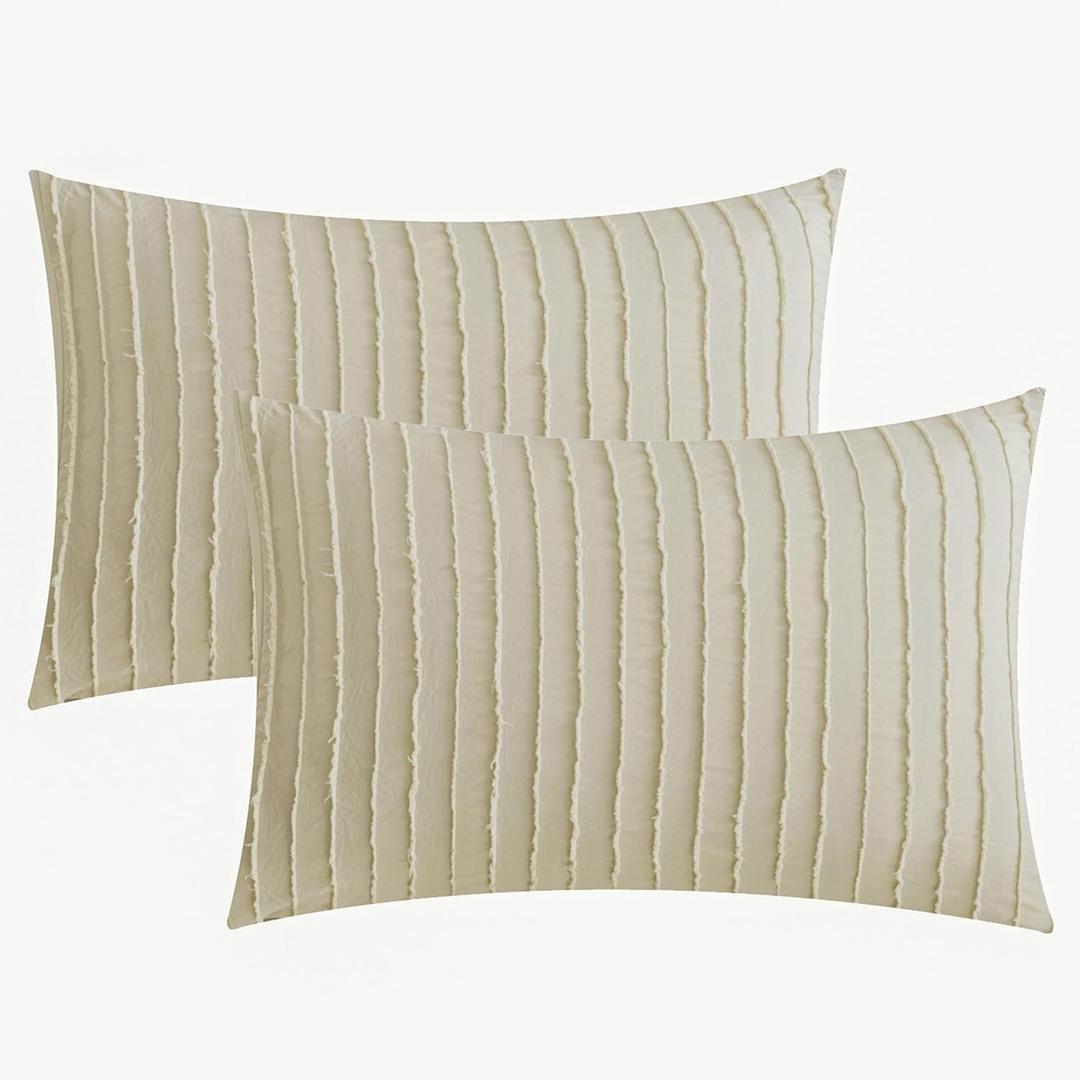 JELLYMONI Pillowcases Standard Size Light Sand 2 Pack Boho Striped Bed Pillow Covers 20x26in Polyester Envelope Pillow Shams Tufted Bohemian Textured (Pillows are not Included)