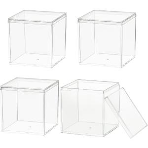 Small Clear Acrylic Box, 4 Pack Plastic Square Cube Containers with Lid Storage Box 2.9 X 2.9 X 2.9 inches/75X75X75mm for Candy Pill and Tiny Jewelry