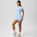 Women’s 2 Piece Workout Set – Short Sleeve T-Shirt & High Waist Shorts Activewear for Yoga, Gym & Running (Blue, M)