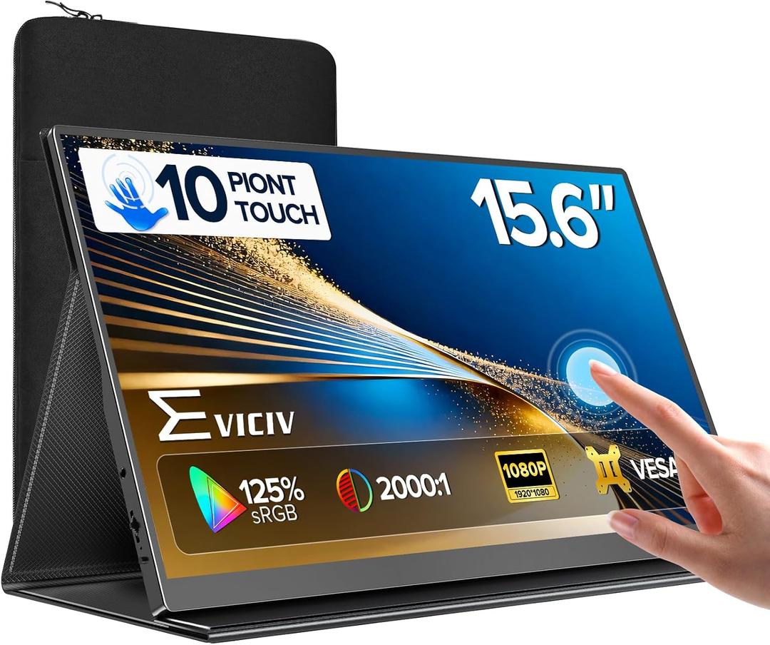 EVICIV Portable Monitor Touchscreen 15.6, 125% sRGB 1080P IPS 10-Point Touch Screen Monitor, VESA & Case, MINI HDMI USB C, Ultra-Thin Travel Second Screen for Laptop, Computer, Game Consoles