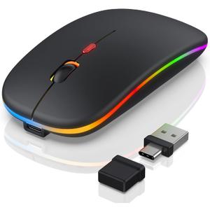 Bluetooth LED Wireless Mouse for MacBook Air iPad Pro Mac Laptop PC - Slim RGB Wireless Mouse, 3 Mode BT 5.2 & 2.4G USB-A/Type-C Connectivity Portable Mice with Jiggler Mode, Matte Black