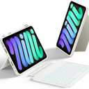 HOU Keyboard Case for iPad mini 7/6, 156 Adjustable Stand, Detachable Full Protective Case for iPad mini 7/6, 11 Shortcut Keys, 7 Color Backlight, Silicone PU, Multifunction, Bluetooth (Ivory White)