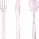 WDF 360 Pink Glitter Plastic Silverware - Disposable Glitter Cutlery - Plastic Silverware inluding 120 Forks, 120 Spoons, 120 Knives for Pink Birthday & Baby Shower