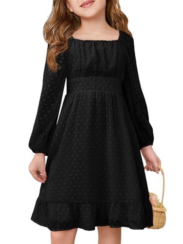 Haloumoning Girls Long Sleeve Dress Kids Ruffle Tiered Dress Swiss Dot Flowy A Line Dresses Black, Medium