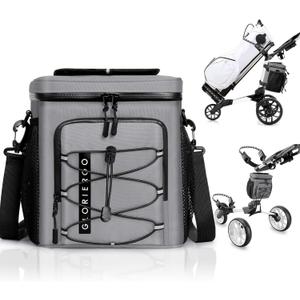 Golf Cart Cooler Bag Insulated - 12-Can Leakproof Soft Cooler Bag with Hook-and-Loop Lid, Waterproof Zippers, and Multi-Pockets for Accessories; Fits on Golf Push Cart (Gray)