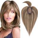 Rich Choices 100% Real Human Hair Topper with Bangs - Real Remy Hair Topper for Women Thinning on Top, 5.1x2.7 Inch Clip In Silk Base Hair Piece 6 Inch #4P27 Medium Brown Highlight Dark Blonde