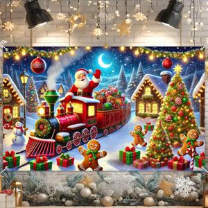 Christmas Backdrop 70.9 x 43.3 Inches Santa Train Wall Banner with Gingerbread Man Holiday Tree Decoration Fabric Background for Kids Room Winter Party Indoor Outdoor Photo Booth