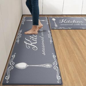 Arttown Grey Farmhouse Anti-Fatigue Kitchen Rug Set of 2 Knife Fork Rustic Vintage Cushioned Floor Standing Mat Waterproof Non-Slip Kitchen Mat and PVC Ergonomic Comfort Foam Rug (17.3 x 47 inch + 17.3 x 29 in)