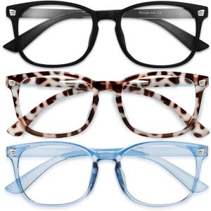 Gaoye Stylish Blue Light Glasses for Woman - Computer Glasses 99% Blue Light Blocking - Lightweight TR90 Frames - 3 pack (B6-matte Black+leopard+blue)