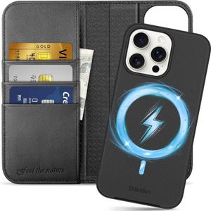 SHIELDON Case for iPhone 15 Pro Max, Genuine Leather Detachable 2 in 1 Wallet Wireless Charging Kickstand RFID Blocking Card Holder Magnetic Protective Case Compatible with iPhone 15 ProMax  Black