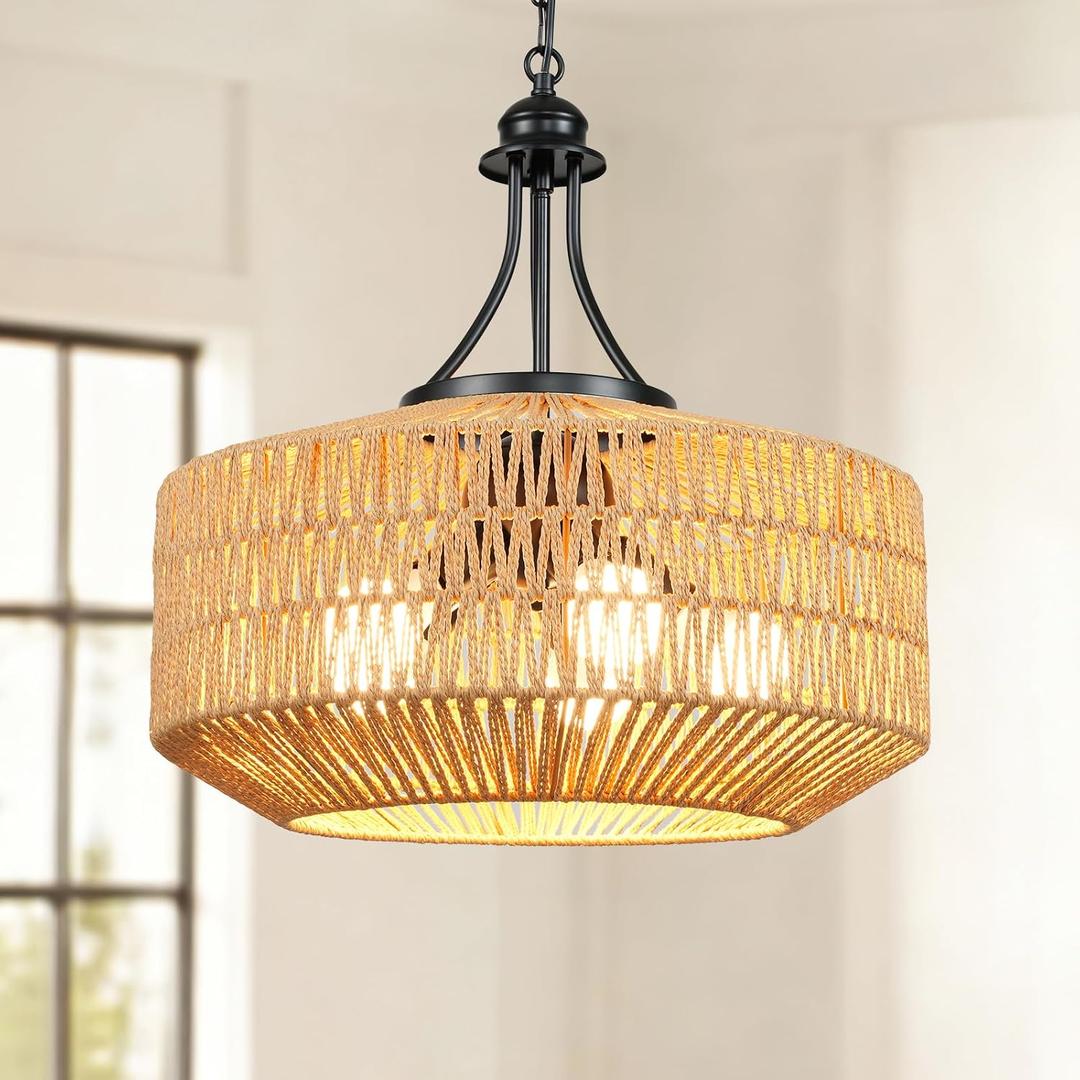 5-Light Rattan Pendant Light, 18.8" Large Boho Chandeliers for Living Room, Dining Room, Hand Woven Wicker Fixture with Adjustable Cord, Coastal Farmhouse Hanging Lamp for Kitchen Island