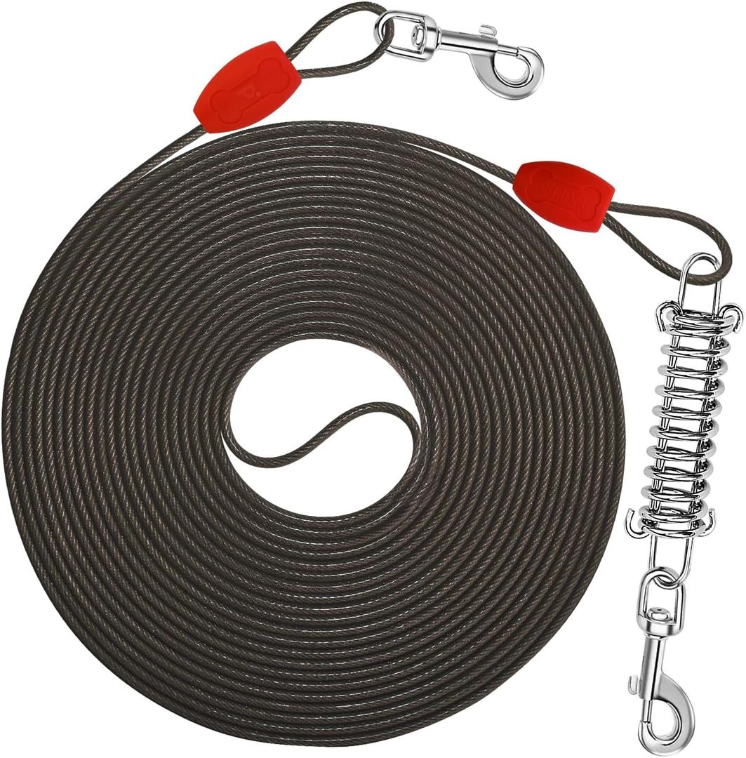 Petbobi Dog Tie-Out Cable 30ft - Outdoor Leash 4mm Metal Cable with Shock Absorbing Spring 360 Swivel Clips, Chain for Dogs Yard Camping, Fit Small Medium Large Pets Up to 120lbs, Black (30ft/120lbs)