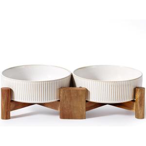 Getstar Elevated Ceramic Dog Cat Bowl Set - 1.8-Cup Raised Feeding Bowls with Non-Slip Wood Stand - Small Pet Dishes for Food and Water - Ideal for Cats and Puppies