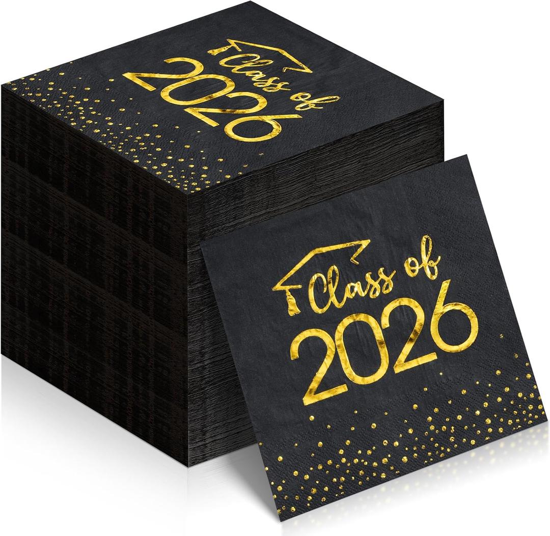 100Pcs Class of 2026 Graduation Napkins, Disposable Congrats Grad Paper Cocktail Napkins Square Foil Dot Hand Towels for 2026 School University College Graduation Party Decorations (Black and Gold