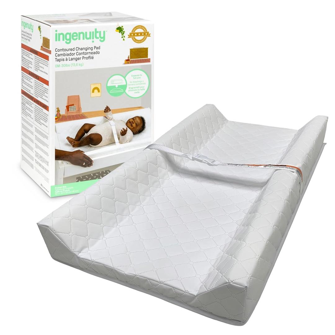 Ingenuity Contoured Changing Pad  Includes Waterproof Changing Liner and Safety Fastening Strap with Quick-Release Buckle (1 Count (Pack of 1), Contoured Pad - Reduced Waste Packaging)
