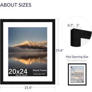 20X24 Poster Frame, Display Pictures 16X20 with Mat or 20X24 Without, Wall Hanging Frames, Black, 2 Pack