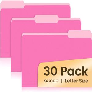 SUNEE File Folders, 30 Pack Manilla Folders 8.5 x 11, Colored File Folders Home Office School Supplies for Documents Files Paper, Neon Pink
