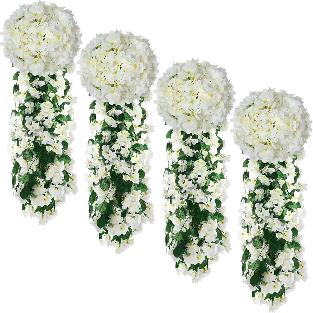 XunYee 4 Pack Violet Hanging Flowers Artificial Decor 5 Petal Silk Violet Simulation Hanging Plant Faux Royal Artificial Orchid for Home Garden Wedding Indoor Outdoor(White)