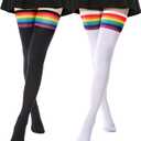 DRESHOW Extra Long High Thigh Socks Striped Over Knee Thin Tights Long Stocking (2 Pairs Rainbow Stripe: White, Black)