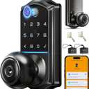 Veise VE018 Smart Knob Handle Lock - Fingerprint, App Control, Keyless Entry for Front Door and Bedroom, Electronic Digital Keypad, Auto Lock, Remote Access Sharing, IP55 Weatherproof, Matte Black