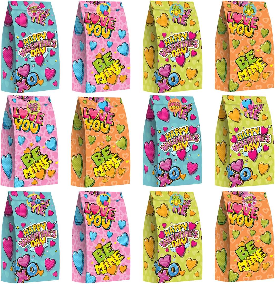ArtCreativity 24 Valentines Day Bags with 24 Stickers, Valentine Treat, Candy Bag, Goodie Bags for Birthday Party, Wedding, Baby Shower & Party Favors, Cute Cardboard Boxes with Handles