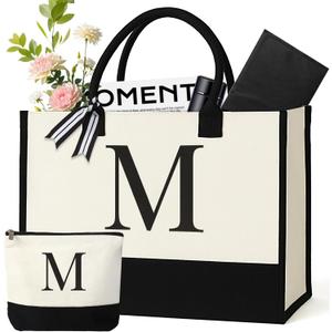 Personalized Canvas Tote Bag for Women Makeup Pouch Initial Beach Bag Removable Bottom Board for Travel Birthday