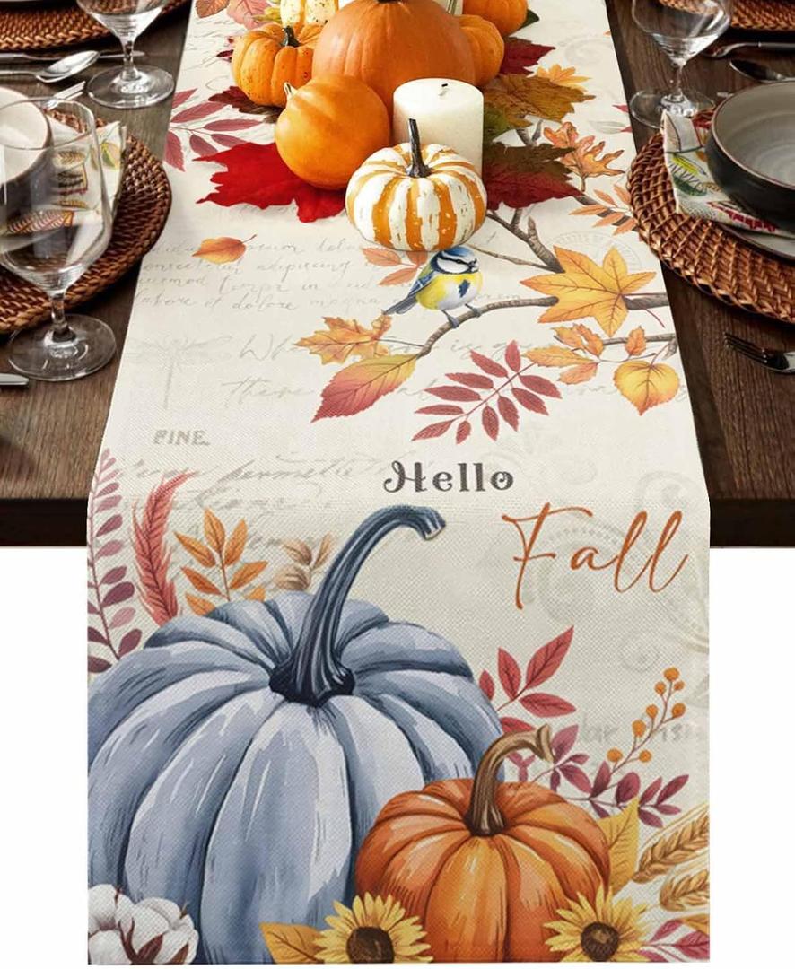 Hello Fall Table Runner Dresser Scarf 13 x 72 Inch Thanksgiving Harvest Pumpkin Maple Leaves Table Runners Non-Slip Heat Insulation Kitchen Dining Table Decor for Autumn Holiday Party Indoor Outdoor (Beige Orange Blue)