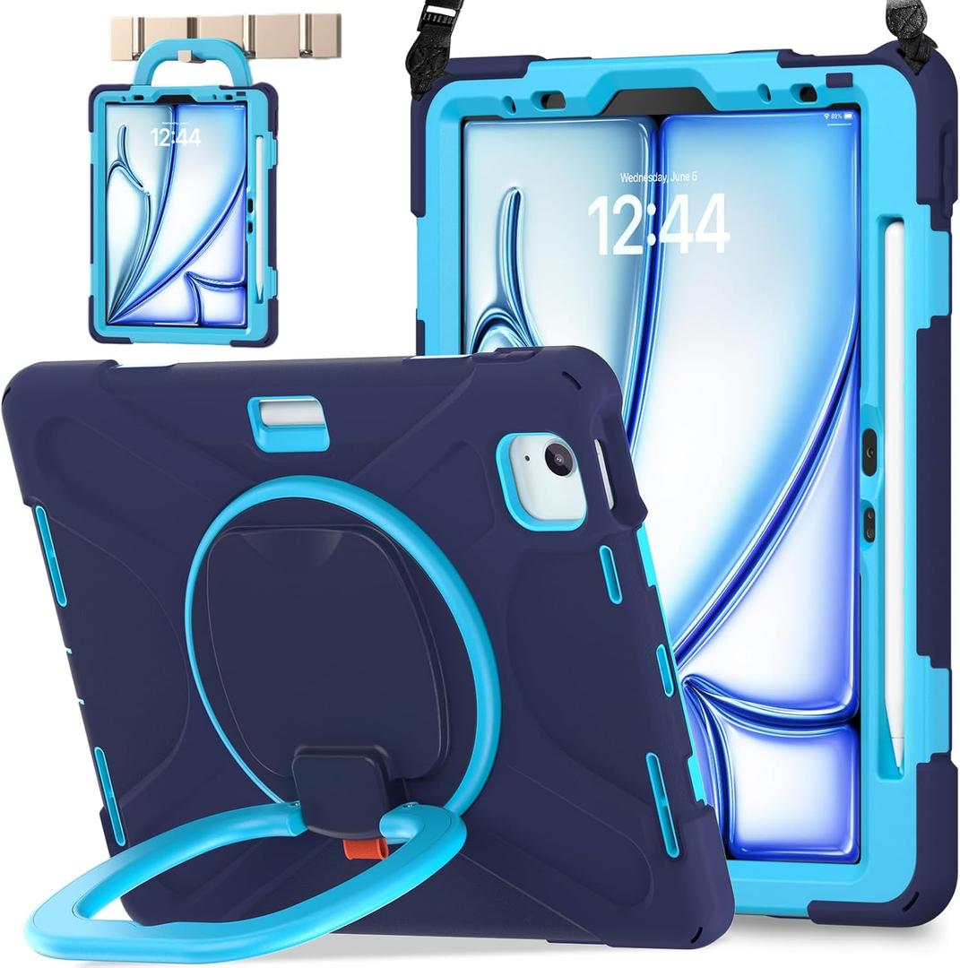 BATYUE Case for iPad Air 11-inch M3 (2025) / M2 (2024), iPad Air 5th/ 4th 10.9 inch(2022/ 2020), iPad Pro 11" 4th/ 3rd/ 2nd/ 1st, Kids Cover with 360° Rotating Stand, Pencil Holder, Strap, Navy Blue