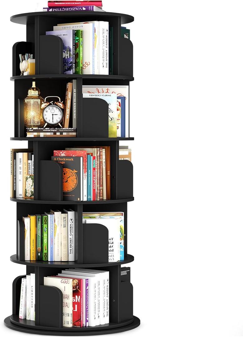 Besiost Rotating Bookshelf Tower, 5 Tier Spinning Bookcase, Revolving 360 Book Shelf Narrow Tall Bookcase, Vertical Turning Round Bookshelf Organizer, Wood Corner Book Shelf for Small Space, Black