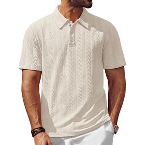 PJ PAUL JONES Mens Polo Shirts Short Sleeve Casual Textured Knit Polo Shirt for Men Golf Collared (Beige, L)