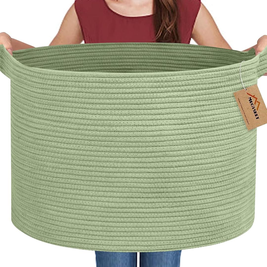 Extra Large Green Basket, 22" X 22" X 14" Woven Cotton Rope Baskets for Blankets, Nursery Laundry Basket, Cute Kids Toy Storage Bin, Green Living Room Bedroom Decor Baskets for Organizing